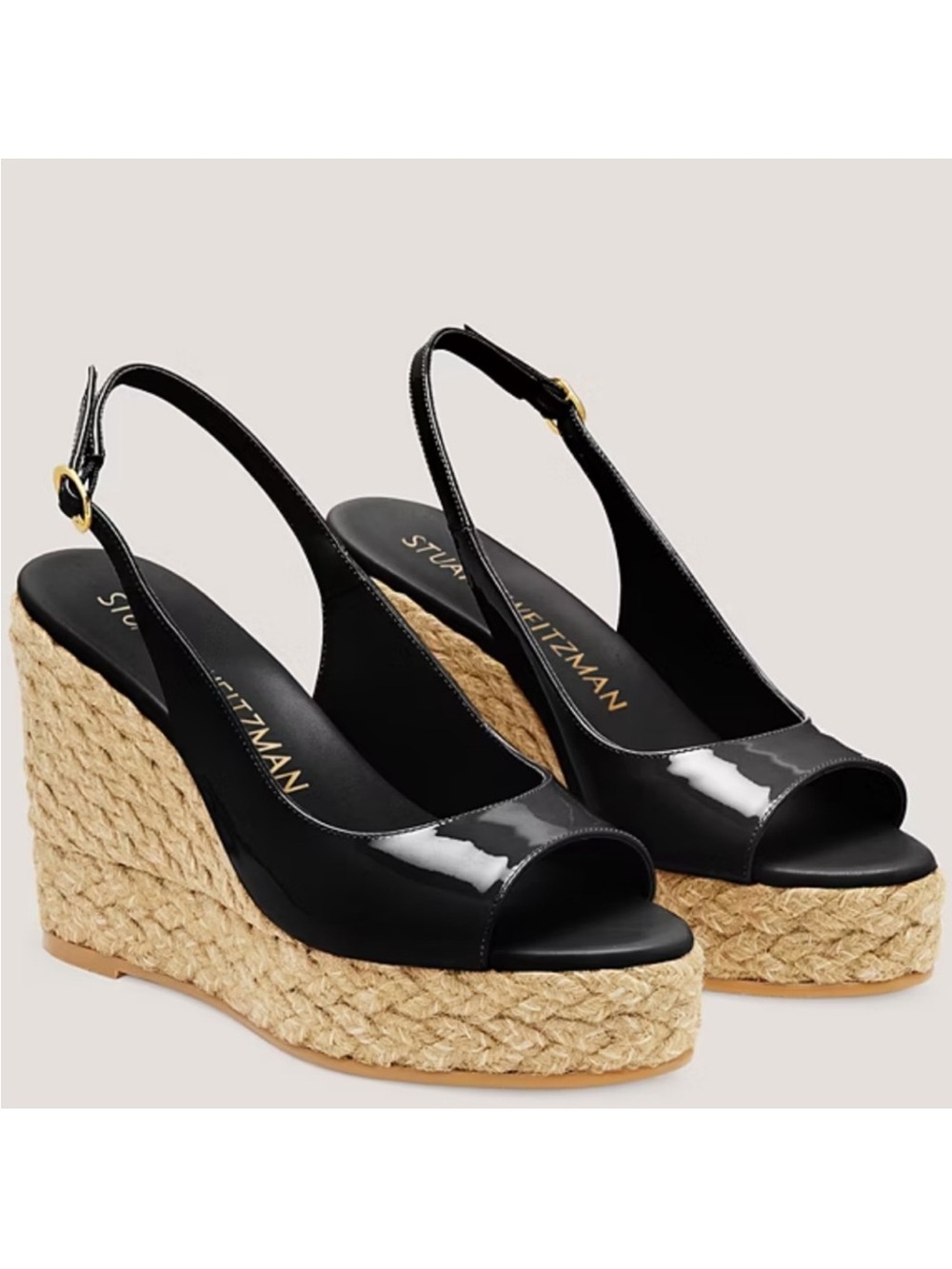 Stuart Weitzman Island Peep-Toe Espadrille Wedge Black Patent Leather Sz 7 New